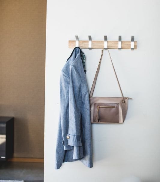 Yamazaki Home Rin Wall-Mounted Coat Rack - Aluminum + Wood, Ash wood rack holding a jacket and handbag