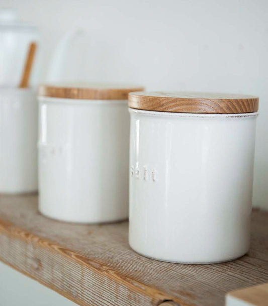 Yamazaki Home Tosca Ceramic Coffee and Sugar Canisters (Set of 2), lifestyle photo showing Salt-labeled canister, not included in Coffee and Sugar set