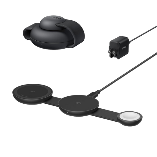 Black Anker MagGo foldable charging pad shown folded and unfolded with a cable and wall adapter.