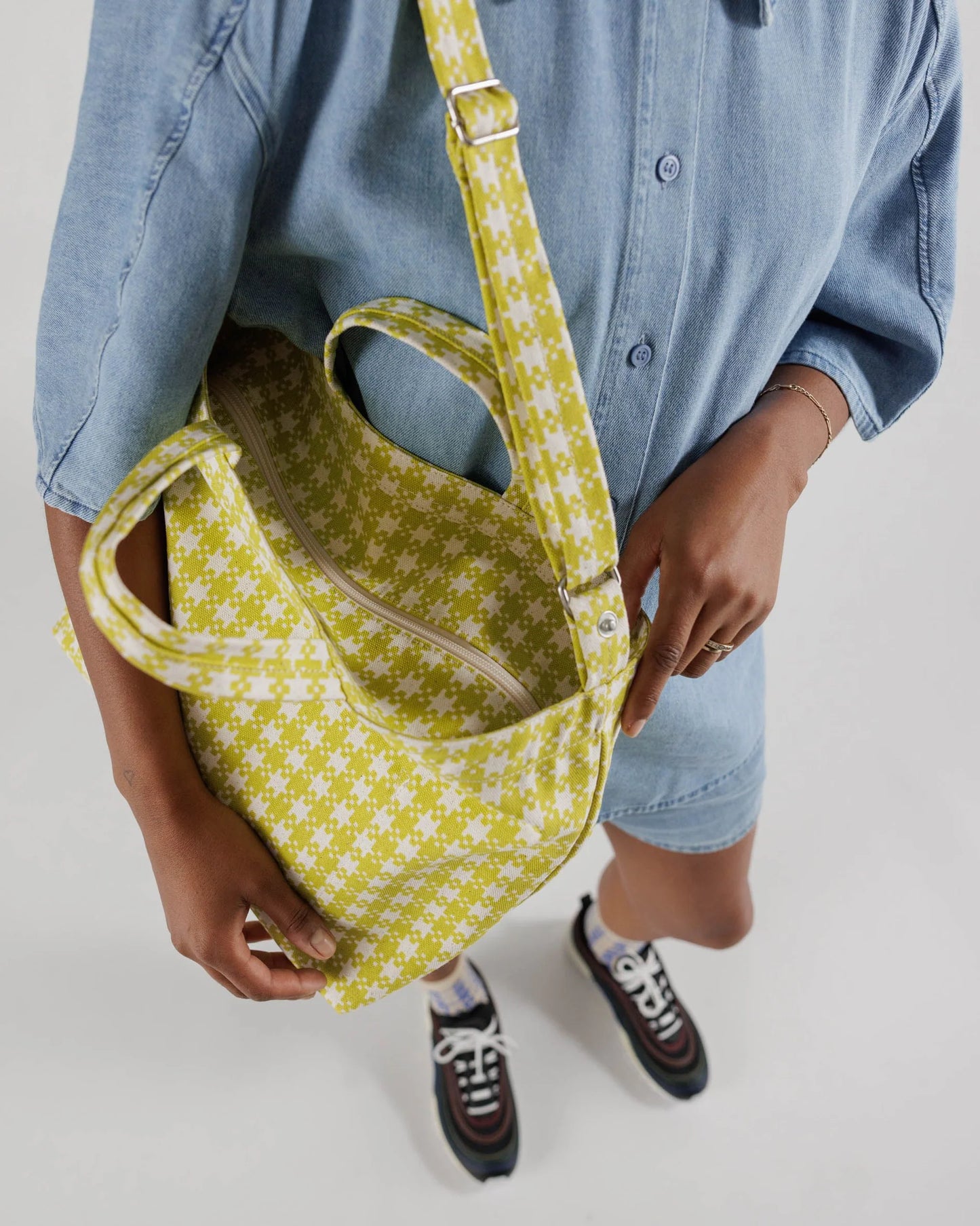 Baggu Horizontal Zip Duck Bag with adjustable strap | Charteuse Pixel Gingham