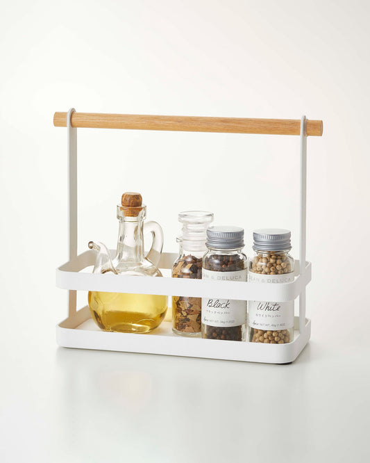 Yamazaki Home Tosca Tabletop Storage Caddy - Steel + Wood, white caddy holding oil and spice jars