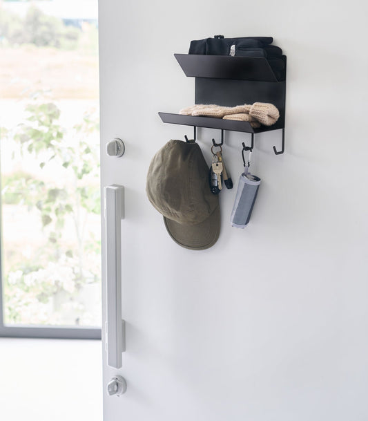 Yamazaki Home Tower Magnetic Entryway Rack - Black, black rack holding gloves cap and keys on door