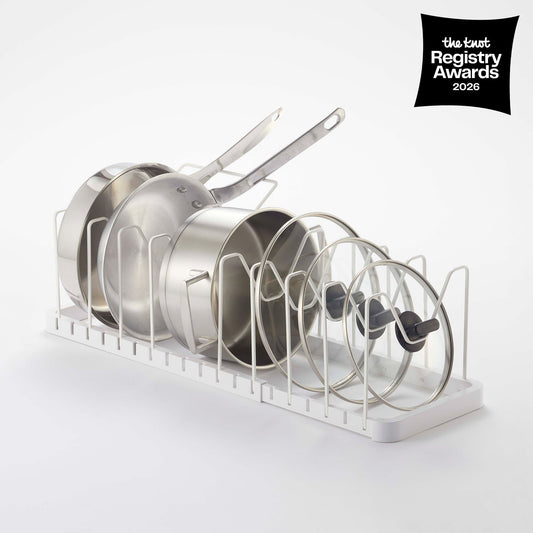 Yamazaki Home Tower Adjustable Pot Lid Organizer - Steel, white organizer holding cookware with a registry-award badge