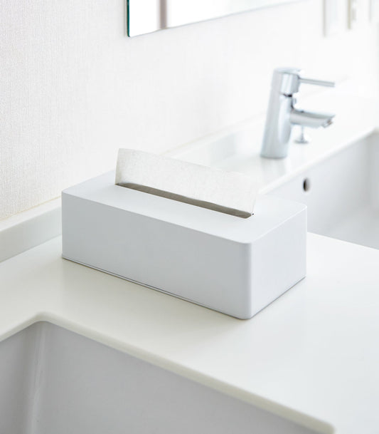 Yamazaki Home Tower Tissue Case - Steel, white tissue case beside bathroom sink