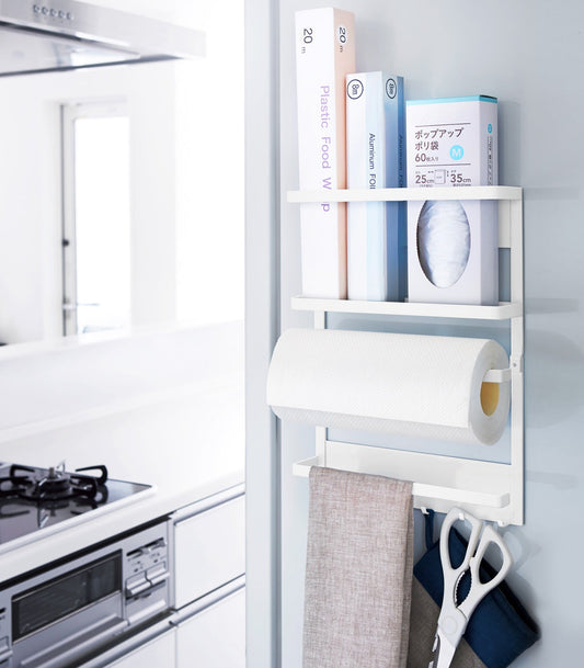 Yamazaki Home Plate Magnetic Kitchen Organizer - Steel, white rack holding wrap boxes, paper towels and utensils