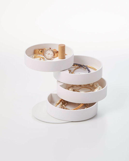 Yamazaki Home Tosca Open Top Stacked Jewelry Organizer, four white trays fanned out holding jewelry