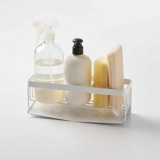 Yamazaki Home Tower Sponge and Bottle Holder with Draining Tray, white holder with soap bottles sponge and brush
