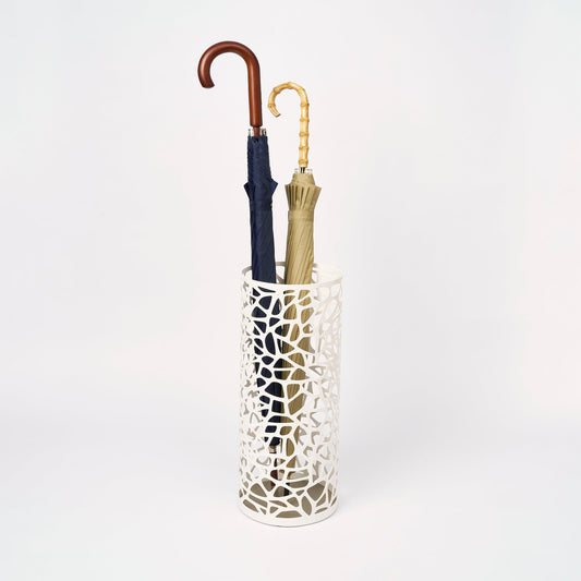 White Yamazaki Nest round umbrella stand with an open web-pattern frame, shown holding two separate umbrellas.