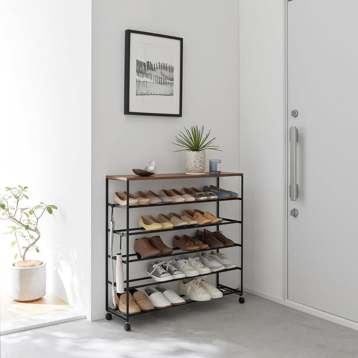 Rolling Five-Tier Shoe Rack (34.25" H)  - Steel + Wood
