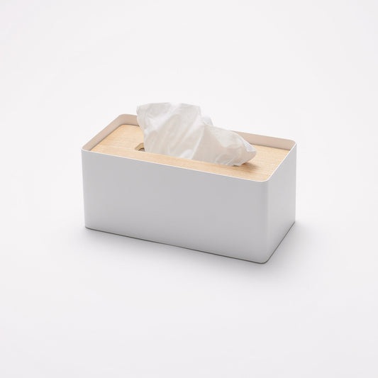 Yamazaki Home Rin Rectangular Tissue Box Cover - Steel and Wood, white case with Ash lid and tissues