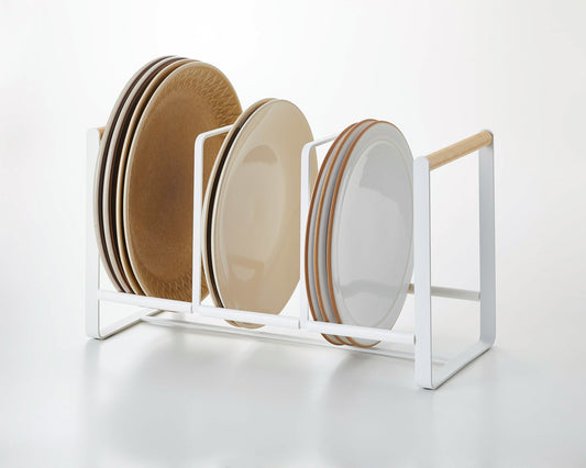 Yamazaki Home Tosca Vertical Plate Organizer - Steel + Wood, white rack holding three groups of plates
