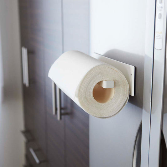 Yamazaki Home Plate Magnetic Paper Towel Holder - Steel, white holder on refrigerator with paper towel roll