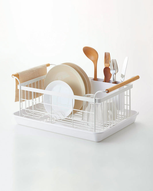 Yamazaki Home Tosca Dish Rack - Steel + Wood, white rack holding plates, cups and utensils