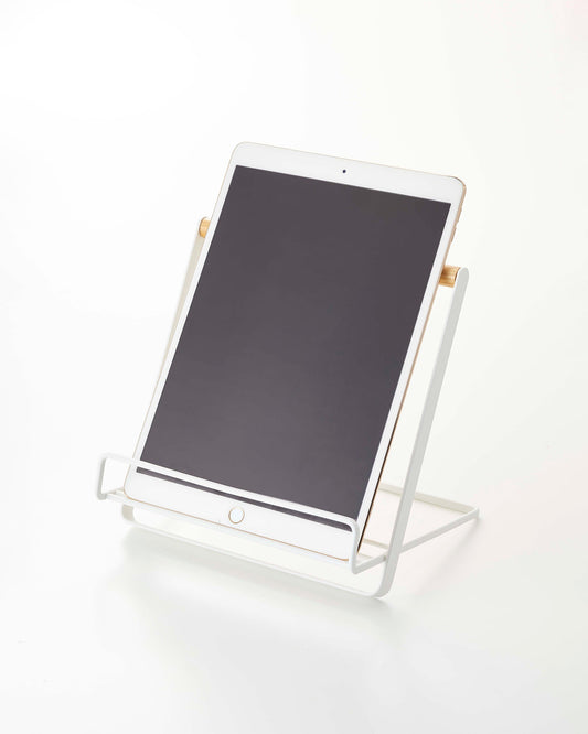 Yamazaki Home Tosca Tablet and Cookbook Stand - Steel + Wood, stand holding a tablet on a plain background