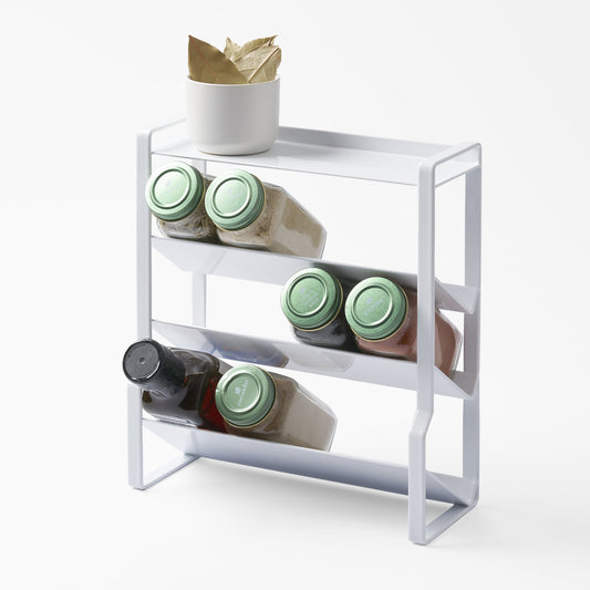 Yamazaki Home Tower Four-Tier Slim Spice Rack - White, white rack holding spice jars and a small bowl