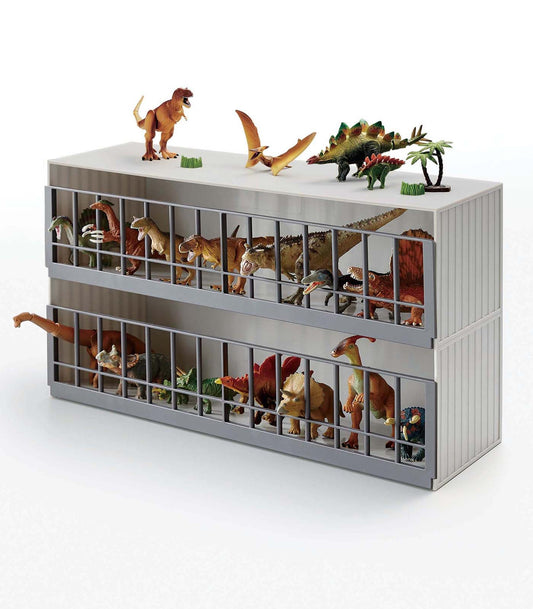 Yamazaki Home Tower Two-Tier Toy Display Case, gray two-tier case filled with toy dinosaurs