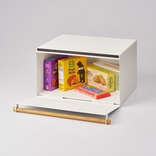 Yamazaki Home Tosca Bread Box - Steel + Wood, open white bread box with wooden handle holding packaged food