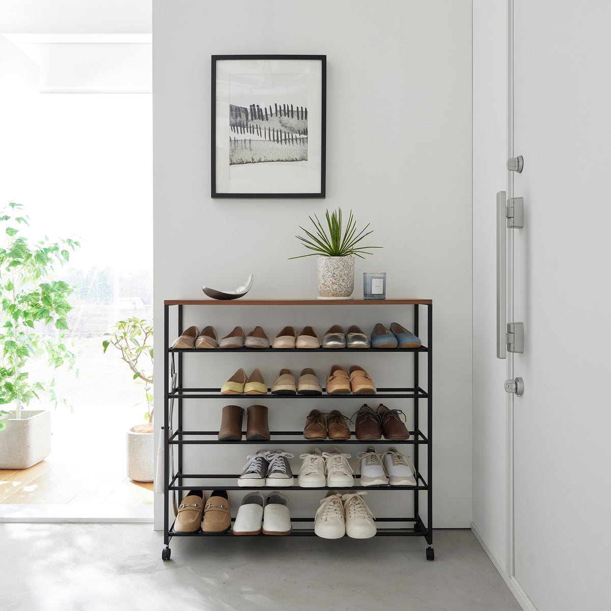 Rolling Five-Tier Shoe Rack (34.25" H)  - Steel + Wood