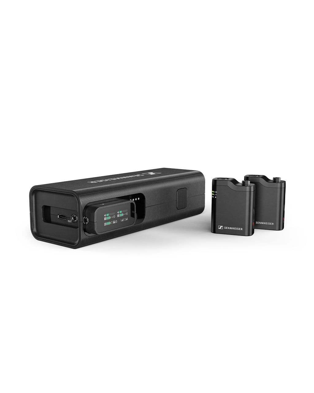 Sennheiser Profile Wireless charging bar beside two clip-on transmitters
