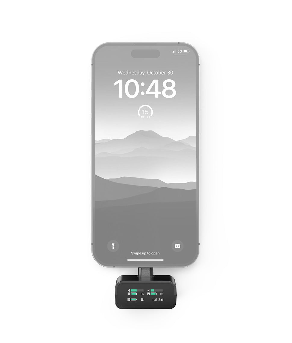 Sennheiser Profile Wireless receiver attached beneath a smartphone