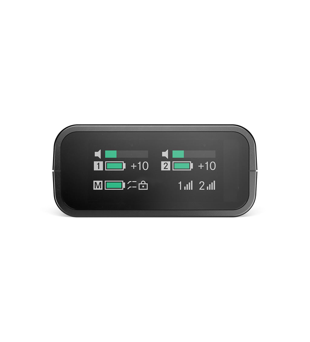 Close-up of the Sennheiser Profile Wireless receiver display showing two transmitter channels