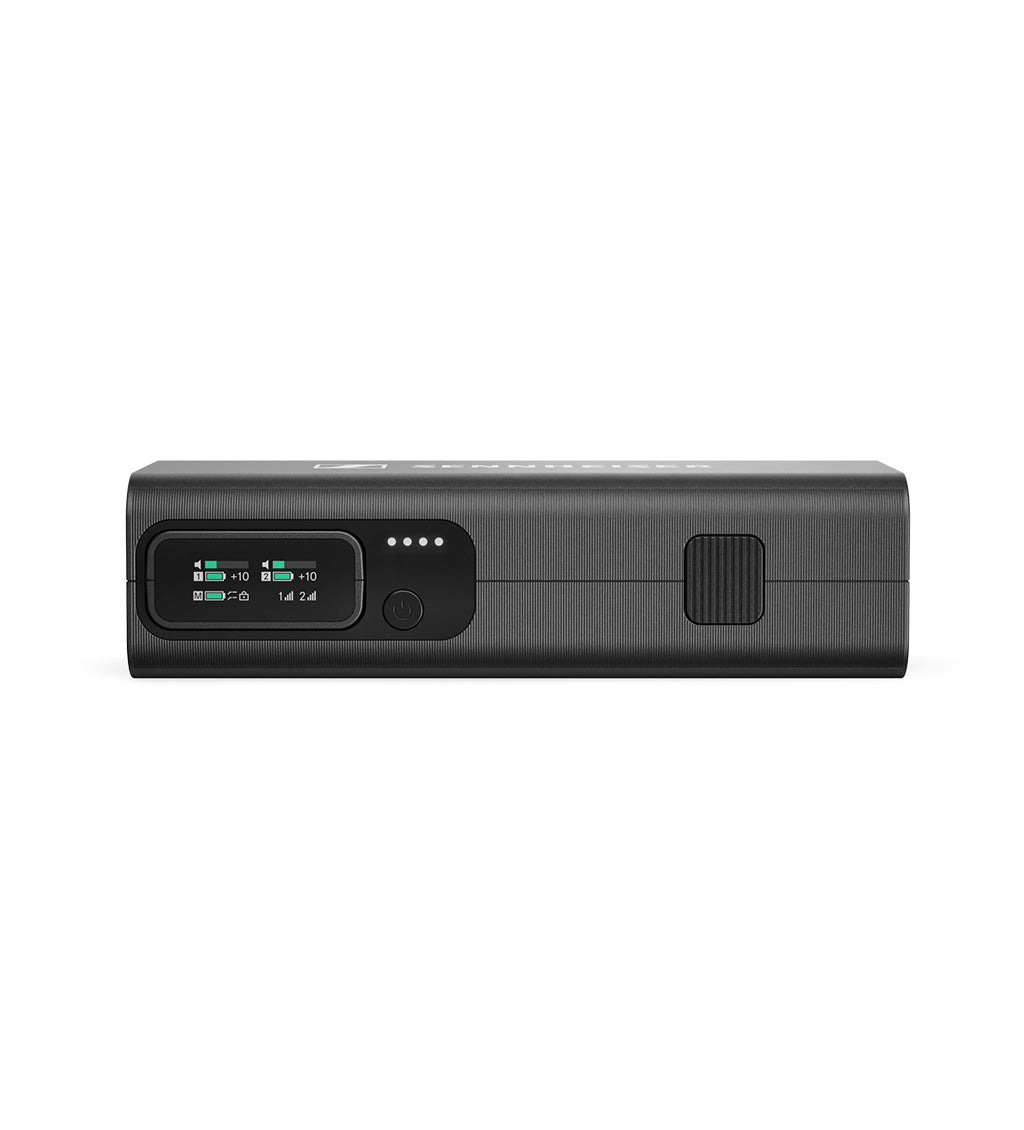 Side view of the Sennheiser Profile Wireless charging bar with the receiver display visible