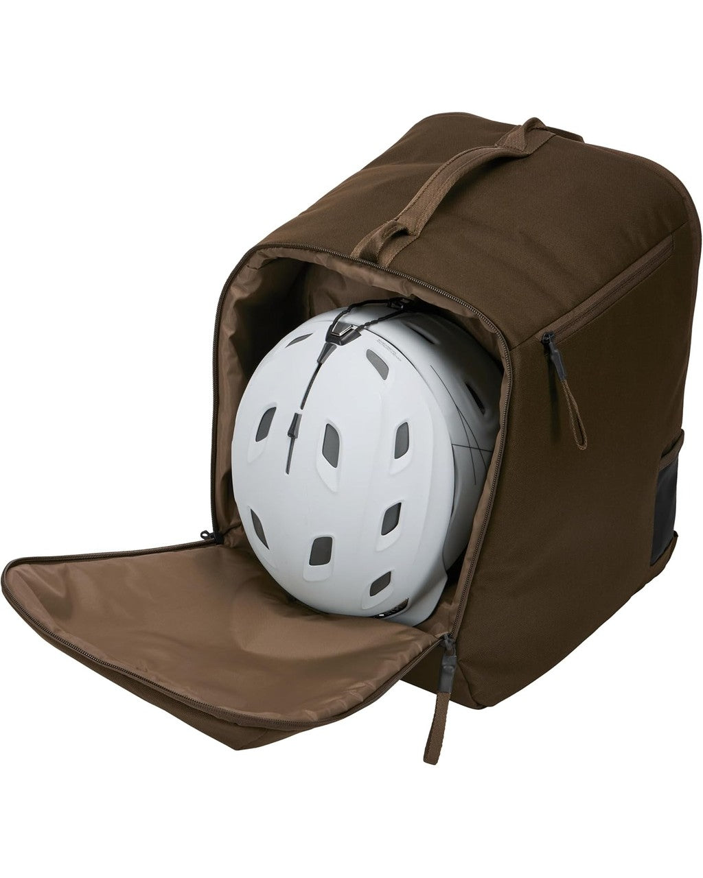 Brown backpack with a white helmet inside on a white background  | Deep Khaki 