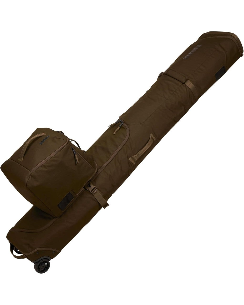 Brown rolling suitcase on a white background thule-roundtrip-ski-snowboard-boot-bag-35l | Deep Khaki