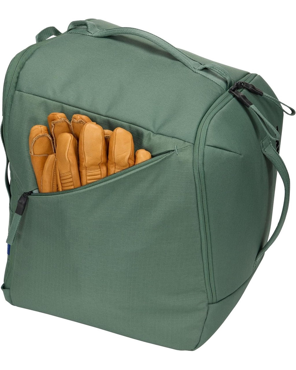 Green bag with a compartment containing brown gloves on a white background Thule Roundtrip Boot Bag 35L | Hazy Green