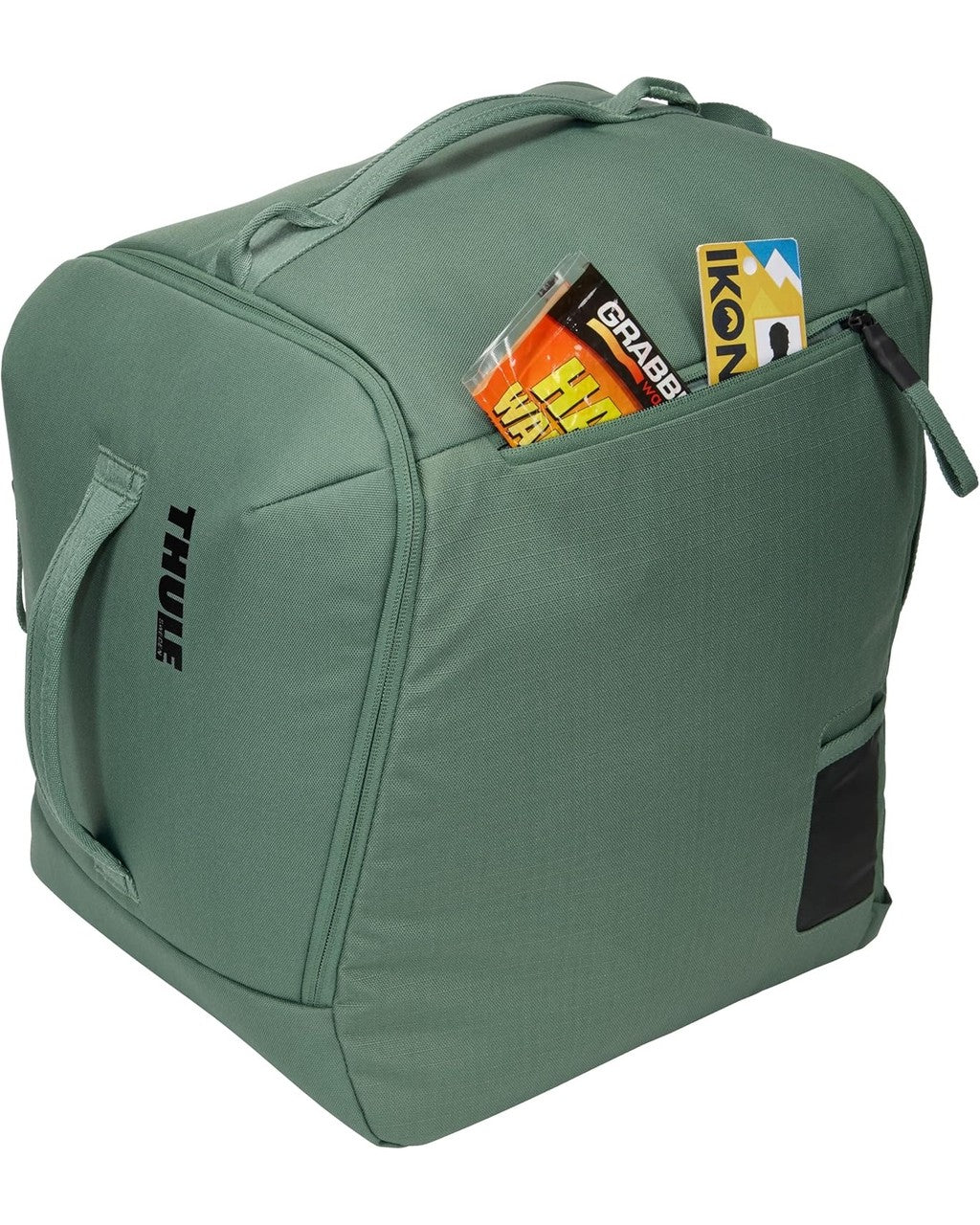 Green bag with snacks and personal stuffs in the side pocket Thule Roundtrip Boot Bag 35L | Hazy Green