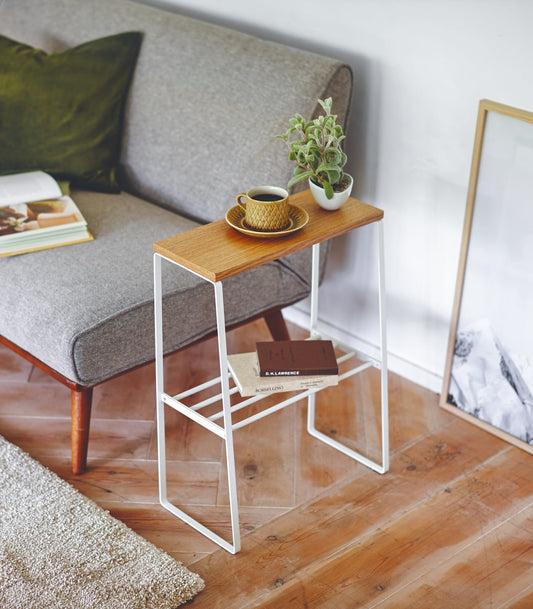 Yamazaki Home Tosca End Table (22 in) - Steel + Wood, white steel end table with wooden top beside sofa