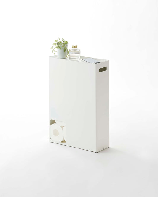 Yamazaki Home Plate Toilet Paper Stocker - Steel, white stocker with a roll at the lower opening