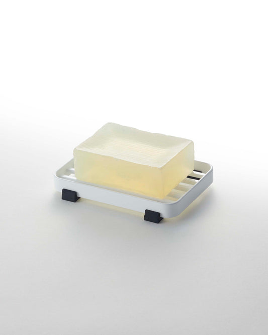 Yamazaki Home Tower Slotted Soap Tray - Steel, white slotted tray holding a bar of soap