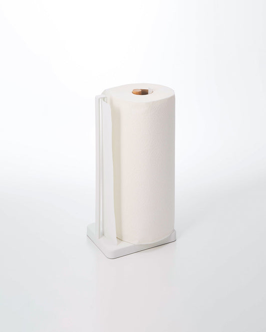 Yamazaki Home Tosca Paper Towel Holder - Steel + Wood, with a paper towel roll on a white background