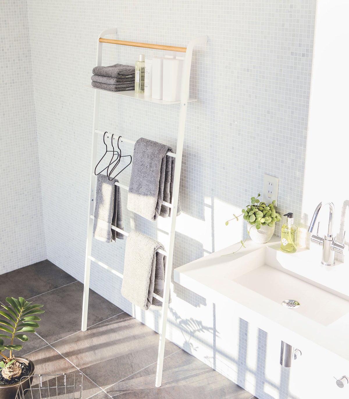 Leaning Storage Ladder With Shelf (63" H)  - Steel