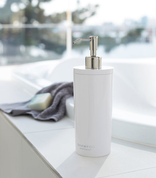 Yamazaki Home Tower Round Shower Dispenser - Three Styles, white shampoo dispenser beside bathtub