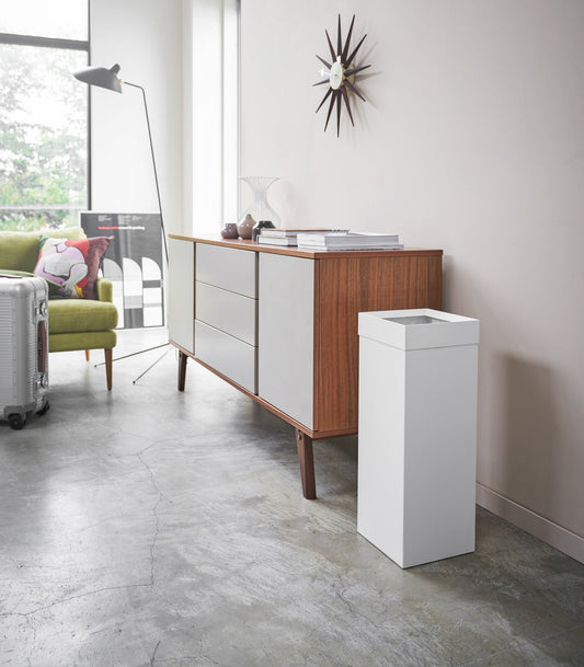 Yamazaki Home Tower Trash Can - Tall - Steel, white tall trash can beside cabinet