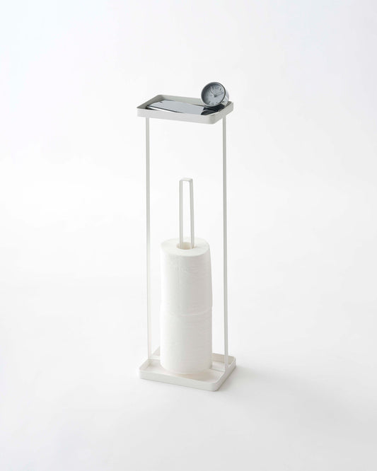Yamazaki Home Tower Toilet Paper Stand - Steel, white stand with stacked rolls and a clock on its tray