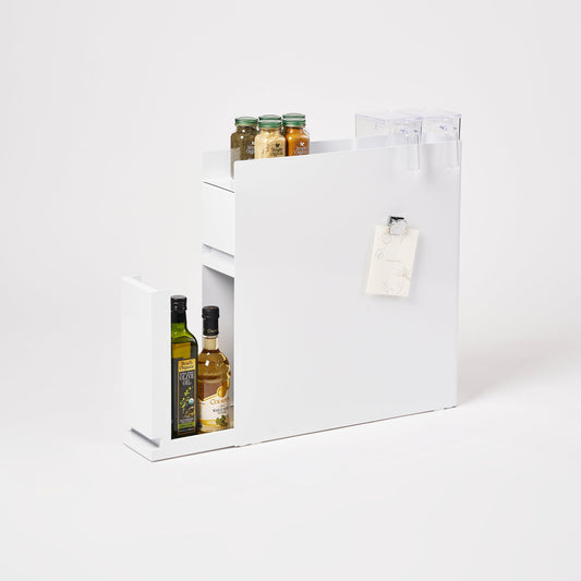 Yamazaki Home Tower Two-Tier Sliding Drawer Seasoning Rack, white rack with lower drawer extended and spice jars on top