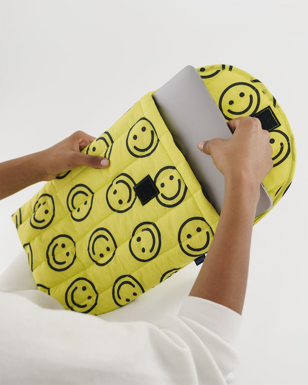 Baggu Puffy Laptop Sleeve with Velcro flap closure | Yellow Happy