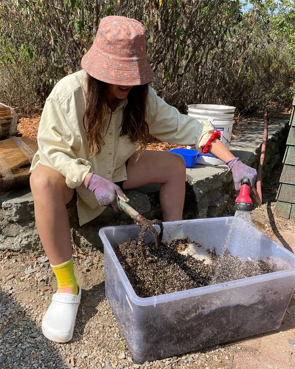 Baggu Bucket Hat on model | Fawn Calico Floral