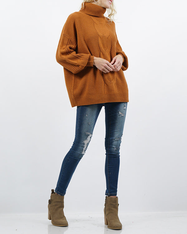 Balloon Sleeve Chunky Cable knit Longline Sweater - Almond