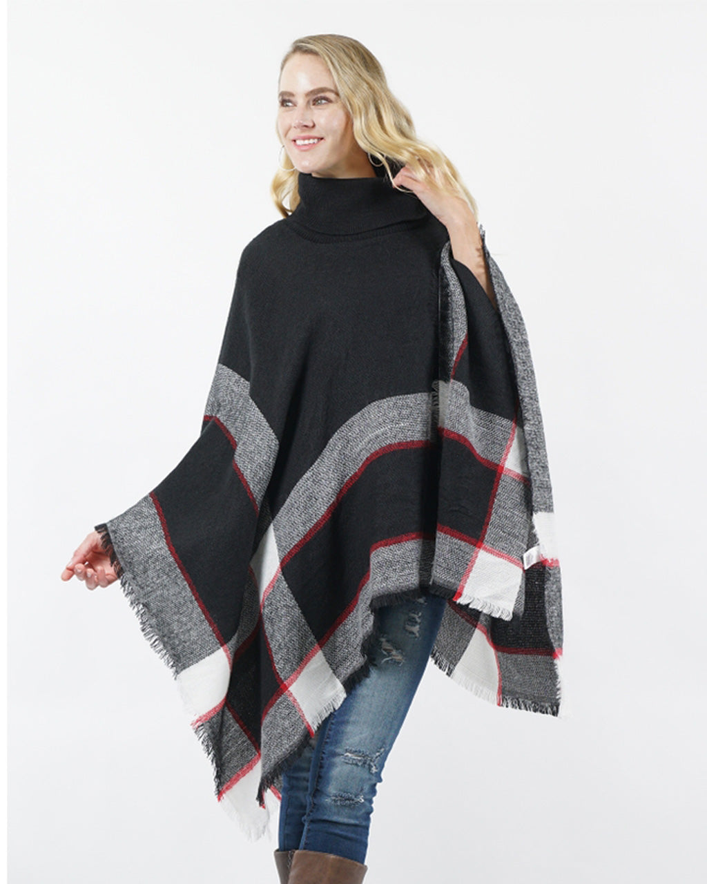 Turtle Neck Poncho Black Plaid